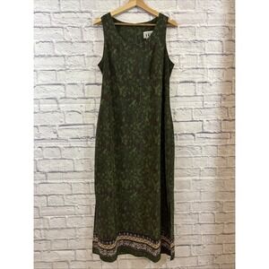 DBY Maxi Dress Size 13/14 Vintage Green Fairy Floral Scroll Dark Green Earthy